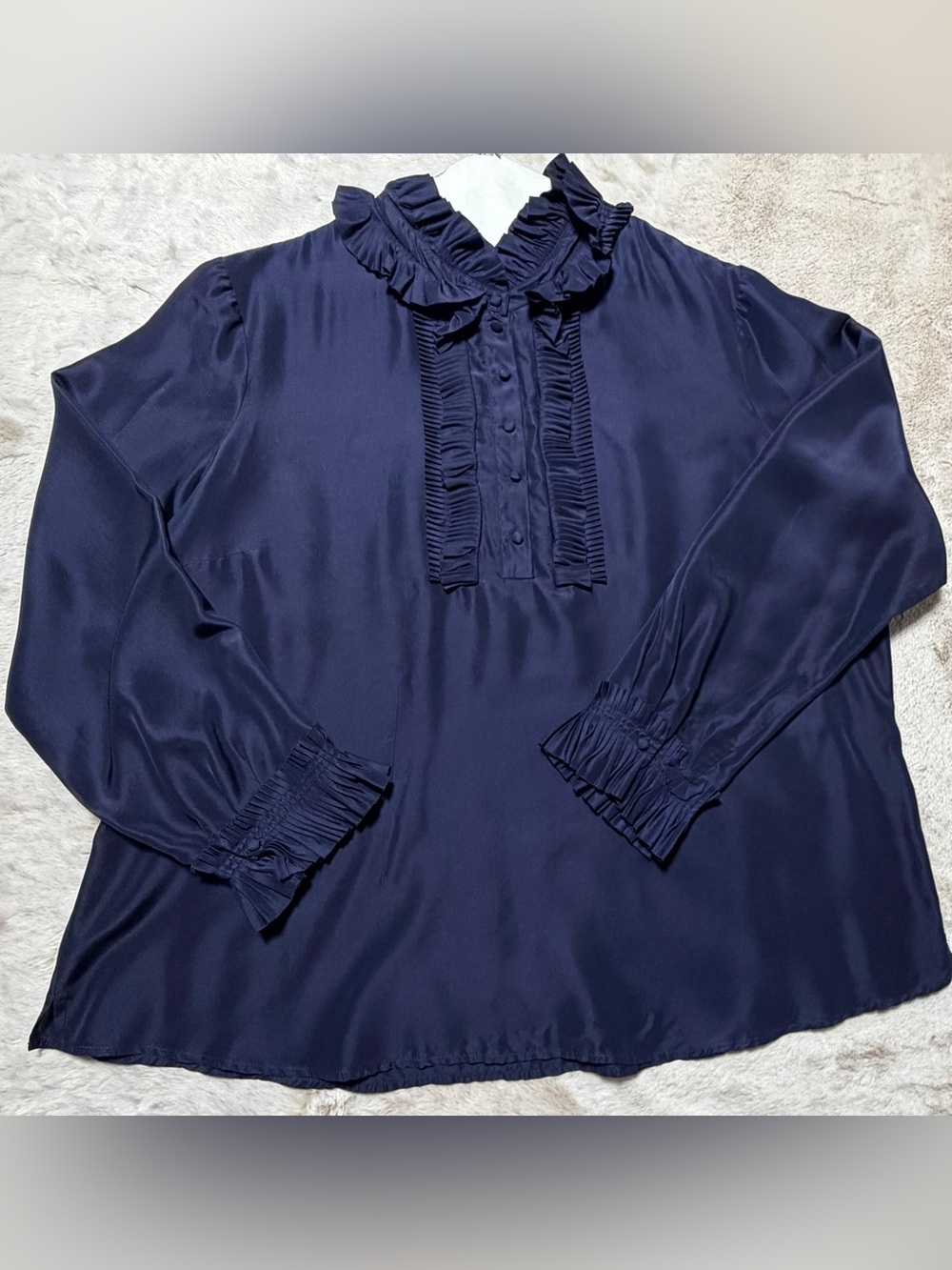 Soft Surroundings 100% Silk Tuxedo Blouse Pleated Ruffled Neck Navy 1X